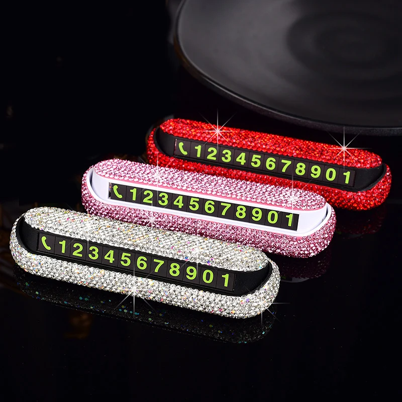 Rhinestones Diamond Hideable Temporary Car Parking Card Phone Number Card  Plate Telephone Numbers Card Crystal Car Stickers