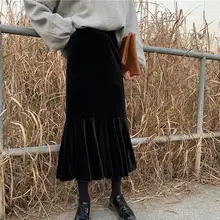 Новые женские теплые плотные бархатные юбки с высокой талией и оборками Элегантные Юбки Русалки миди размера плюс зимние юбки