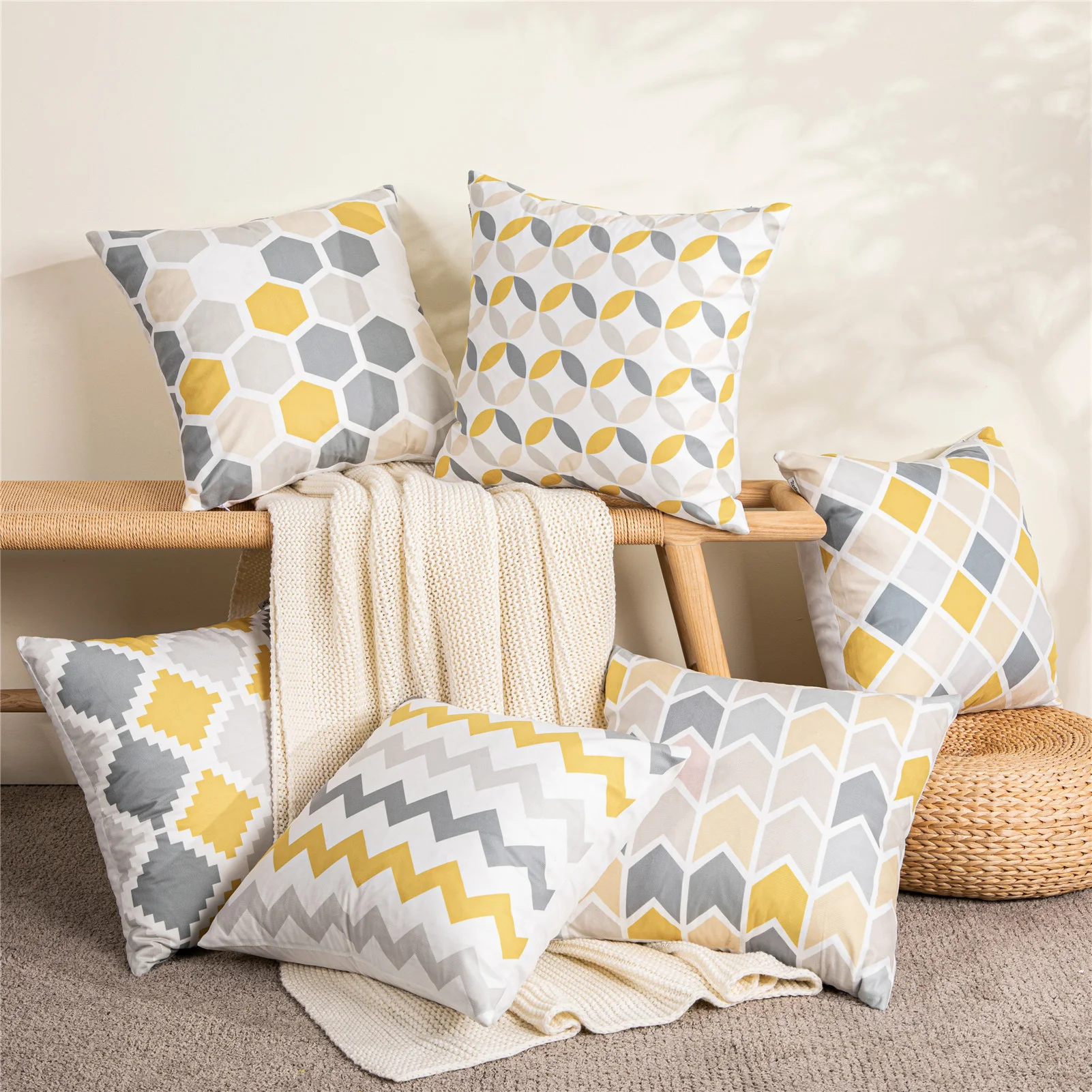 Geometric Nordic Cushion Cover Gray And Yellow Microfiber Throw Pillow Cover 