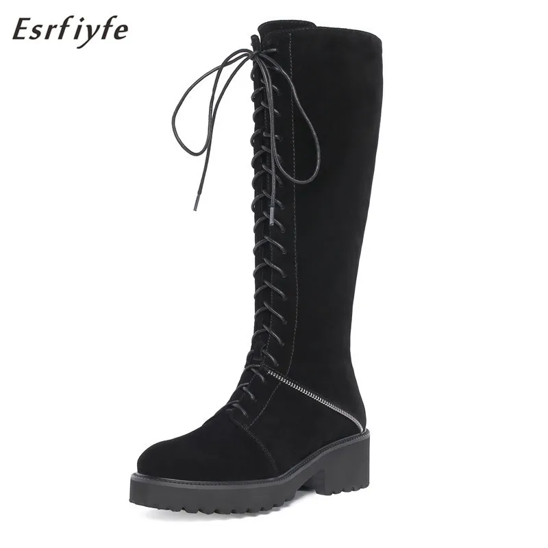 

ESRFIYFE 2020 New Fashion Cow Suede Women Shoes Lace Up Knee High Boots Winter Martin Boots Lady Shoes Black Plus Size 34-43