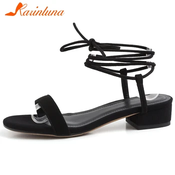 

KARINLUNA Kid Suede Comfy Lady Low Heel Solid Brand Fashion Sandals Open Toe Ankle Strap Gladaitor Women Sandals Women Shoes