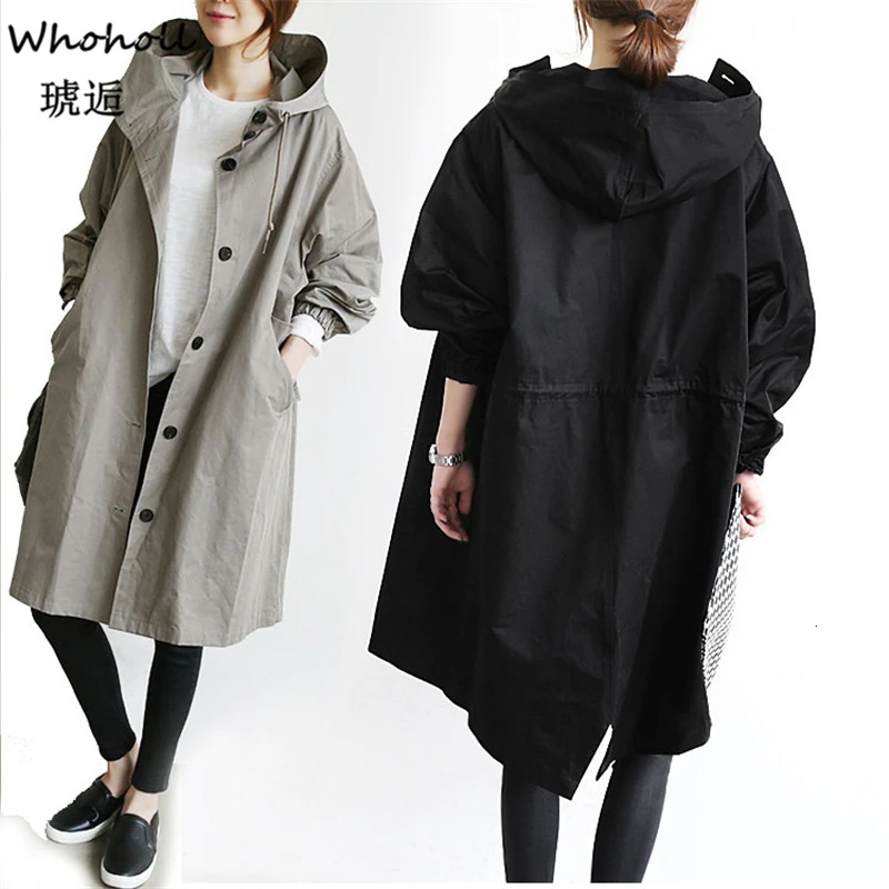 

Whoholl 2020 New Korea Leisure Women Fashion Spring Autumn Loose Coat Pure Color Hooded Long-sleeved High-end Medium Long Coat