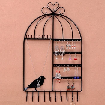 

Earring Ring Bracelet Bird Cage Shape Jewelry Holder Wall Hanging Wrought Iron Organizers Necklace Makeup Frame Modern Stand
