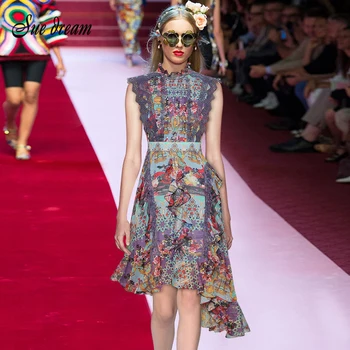 

Fashion Designer Dress 2020 Summer Women'S Dress Stand-Up Collar Multicolor Printed Ruffle Beaded Retro Asymmetric Dress