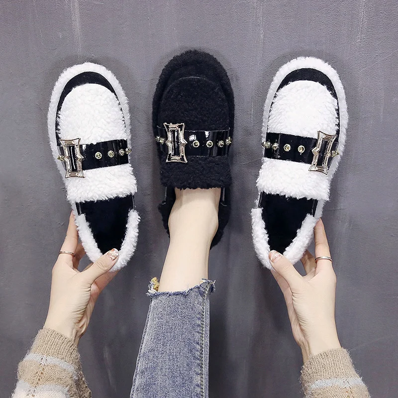 

All-Match Rivets Studs Casual Woman Platform Shoes Slip-on Round Toe Autumn Loafers Fur Dress Flats Women Women's Moccasins