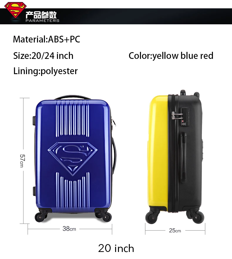 Брендовый чемодан на колесиках для путешествий с Суперменом, 20/24 дюймов, Спиннер, сумка на колесиках, сумка для путешествий, роскошный чехол из поликарбоната