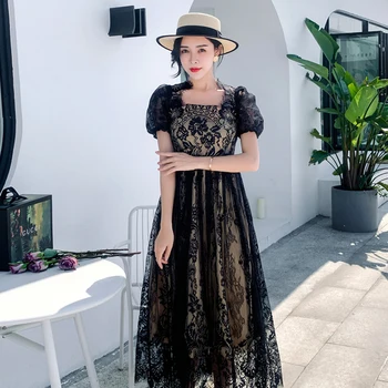 

2020 New Summer Black Lace Mesh Dress Woman Short Puff Sleeve Square Collar Floral Embroider Maxi Dress Party Vintage Bodycon