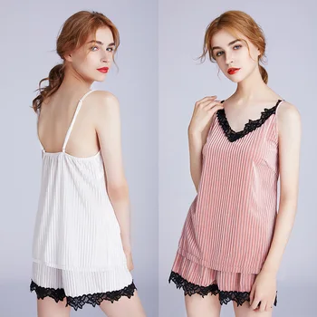 

Womens Summer Lace Velvet Striped Pajamas Family Set Tank Top And Shorts Woman Homewear Sleeping Short Pants Pijamas Women Sexy