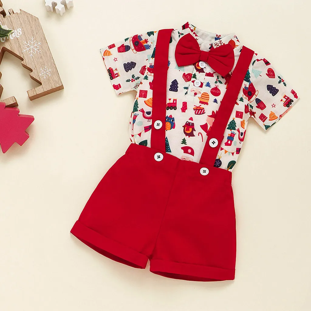 Christmas Cartoon Print Romper Infant Baby Girl Boy Suspender Trousers Set My 1st Christmas Jumpsuit Outfit#3s