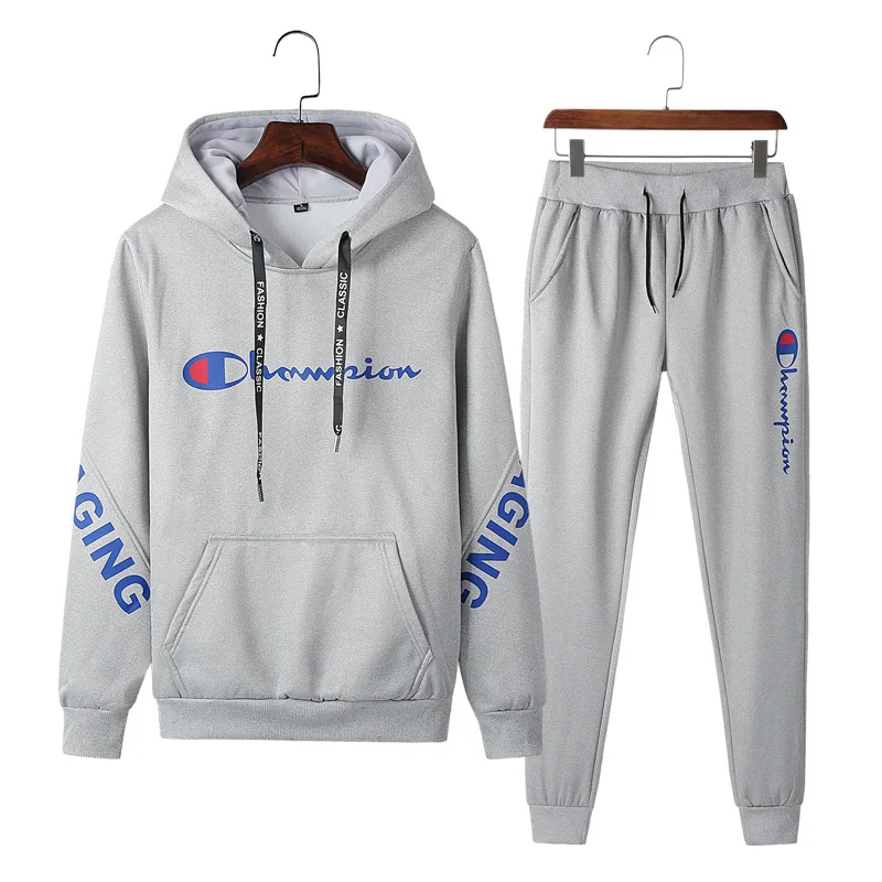 

2020 Spring And Autumn Men plus Velvet Two-Piece Hooded Lettered Hoodie Large Size Leisure Sports Suit Men's