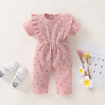 

Pink Newborn Baby Girl Romper Bodysuit Short Sleeve Knitted Kids Newborn Jumpsuit For Infant Girl Summer Floral Printed D30