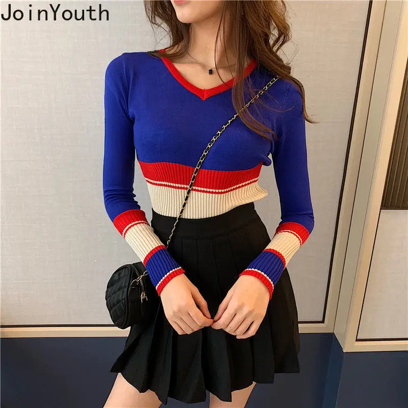 JoinYouth Striped Short Women Sweaters Thin V Neck Sexy Fashion Pullovers 2020 Panelled Autumn Winter Clothes Tops J299 | Женская одежда