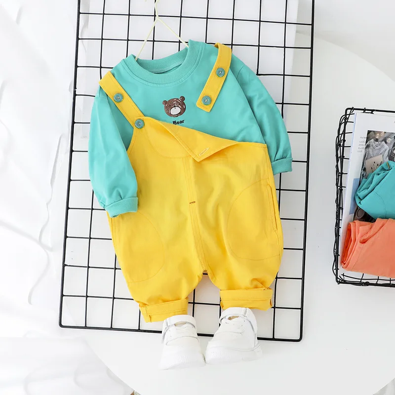 

Spring Newborn Suit Little Bear Pattern Sweatshirt+Solid Overalls 2 Piece Brand Baby Boy Set Fashion Casual Pullover Kids Outfit
