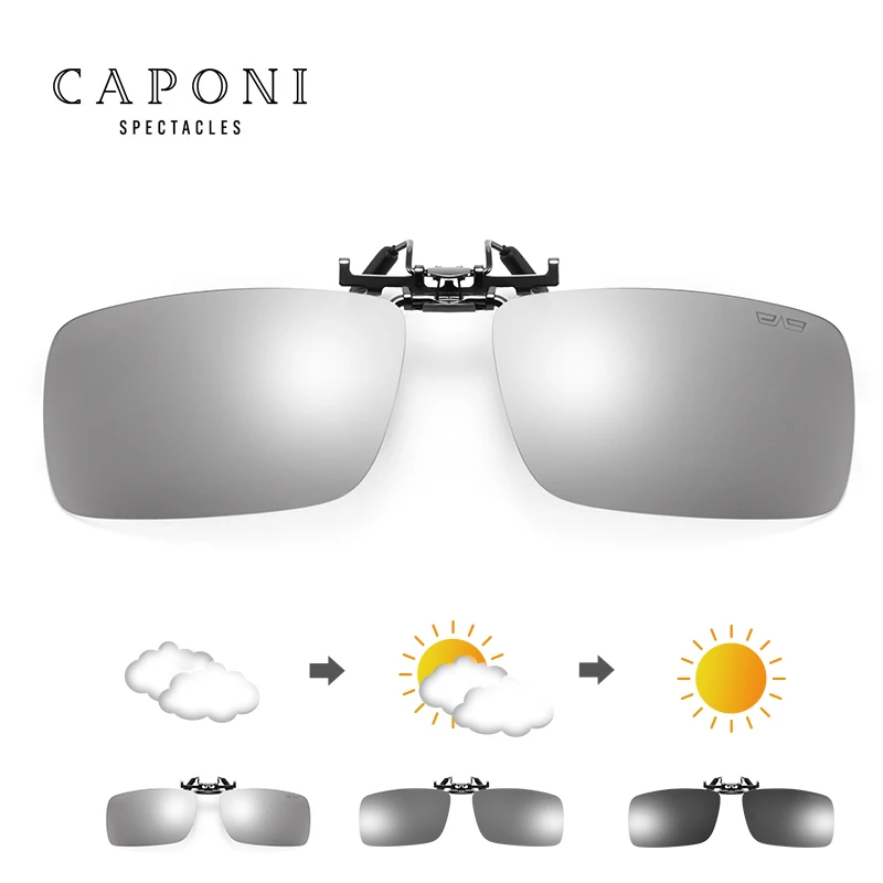CAPONI Photochromic Sunglasses Clip Men Polarized Vintage Day And Night Eye Glasses Clip UV400 Protect Driving Eyewear BS1101