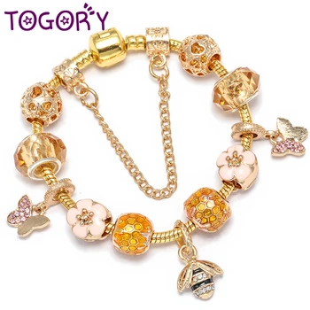 

TOGORY 2020 New Style Gold Color Butterfly & Bee Pendant Charm Bracelets For Women Fits Beads Bracelets Bangles Jewelry Gift