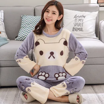 

2020 Long Sleeve Cartoon Sleepwear Set Autumn Winter Warm Flannel Women Pyjamas Sets Thick Coral Velvet Thin Flannel Pajamas Set
