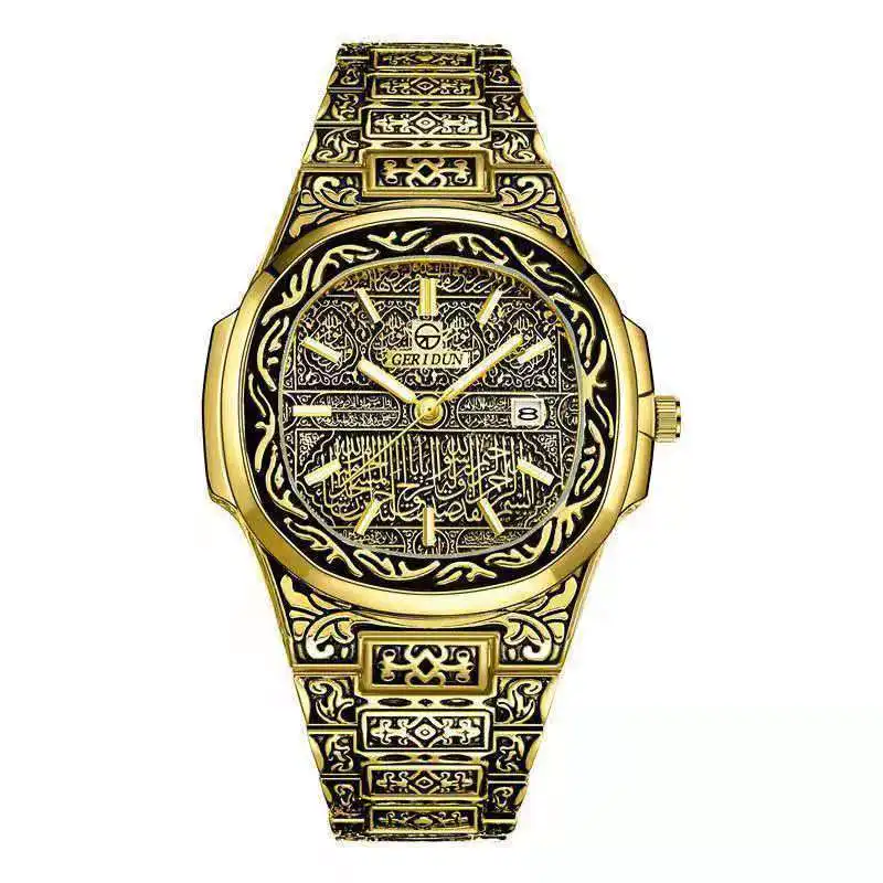 Vintage Watch for Men Luxury Stainless Steel Fashion Simple Business Carved Gold Watch Calendar Men Auto Date Religio Masculino
