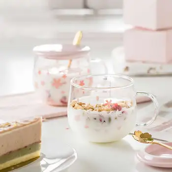 

400ml Sakura Glass Coffee Mug With Spoon&Ceramic Lid Heat Resistant Tea Cup Set Transparent Breakfast Milk Juice Drinking Glass