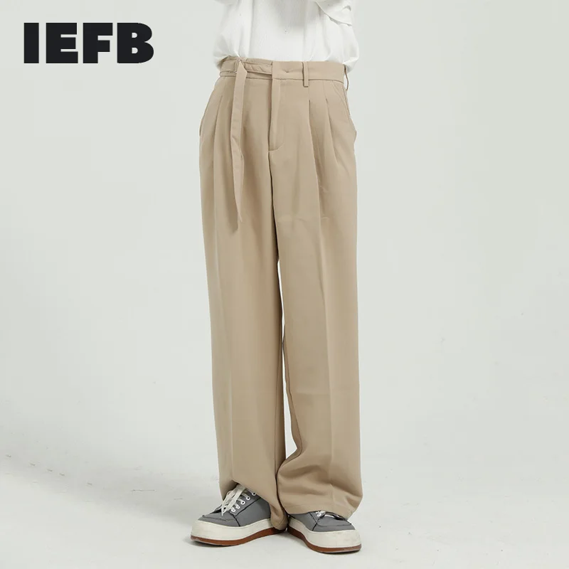 IEFB desgaste de los hombres de la primavera de 2021 nuevo coreano recto sueltos pantalones de Color sólido medio cintura Casual pantalones de traje de diseño Bandage