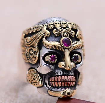 

Unique Solid 925 sterling silver skull style rings with Red corundum exaggerated jewelry for Men