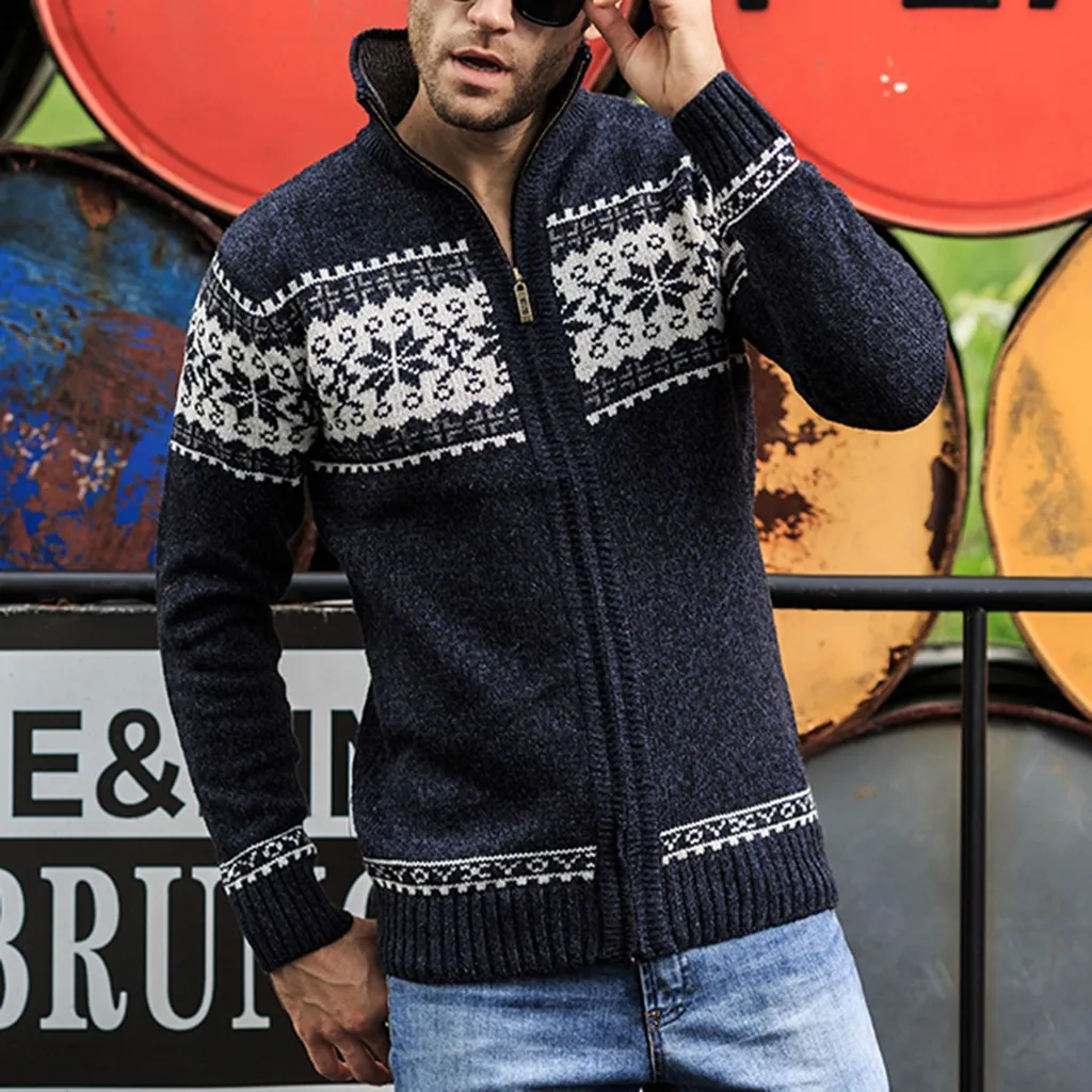 

Feitong Men's Stand Collar knitted Cardigan Jackets Sweater Fashion Printing Zipper Coat chamarra hombre