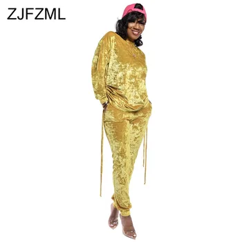 

Causal Solid Velvet Plus Size 2 Piece Outfits for Women Round Neck Long Sleeve Ruched T Shirts + Pencil Pants Autumn Sweat Suits