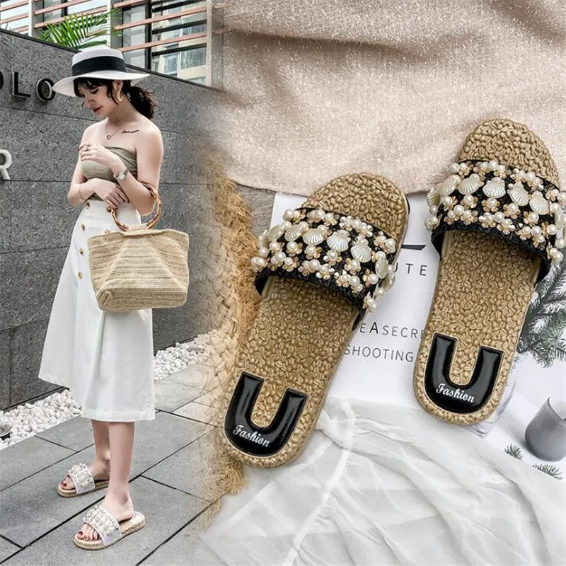 Fashion Beaded Slippers Female Summer Outdoor Wild Personality Sandals And Slippers Casual Cute Seaside Vacation Beach Shoes