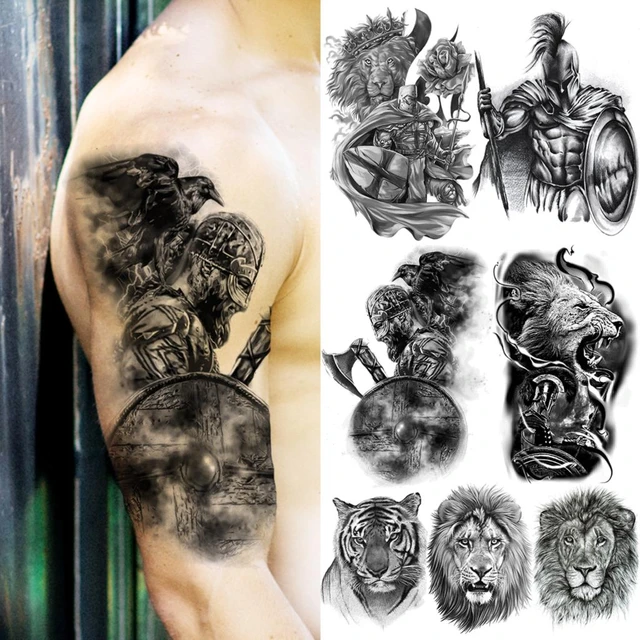 Spartan Warrior Temporary Tattoos For Men Boys Realistic Lion Wolf Tiger  Compass Fake Tattoo Sticker Arm Chest Waterproof Tatoos - Temporary Tattoos  - AliExpress