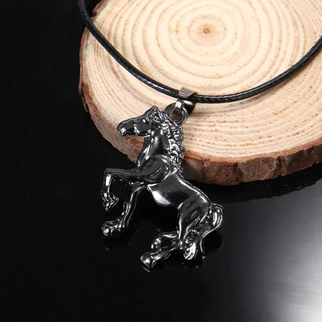 Stainless Steel Vintage Running Horse Pendant Leather Chain For Men Special Silver/Grey Color Long Choker Necklace For Women