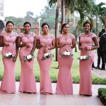 

Tank Sleeve Ruched Mermaid Bridesmaid Dresses Simple O-neck Short Sleeve Floor Length Party Gown Robe Demoiselle D'honneur
