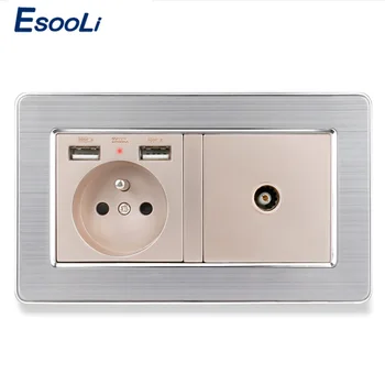 

ESOOLI 2 Gang Wall Power French Standard Electrical Socket+USB Charge Port With Female TV Jack Double Outlet 16A Stainless steel