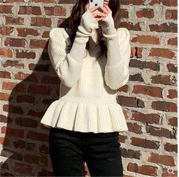 

Women's Sweater Autumn Winter 2020 Korean Cashmere O-neck Long-sleeved High Waist Sweaters Ruffled Bottoming Knitted Top 3A001