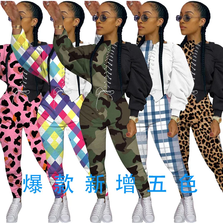 

Streetwear Leopard Patchwork Sweatsuit Women's Set Lace Up Bandage Jogger Pants Set Active Tracksuit Two Piece Fitness Outfit