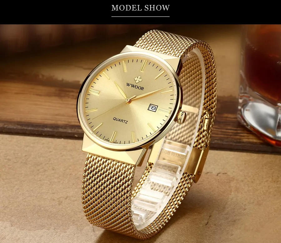 Gold Watch Men WWOOR Top Brand Famous Male Clock Steel Mesh Waterproof Watch Luxury Golden Quartz Wrist Watch Relogio Masculino