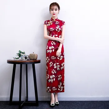 

Red Qipao Dresses Flowers Vintage Cheongsam Brocade Long Lady Summer Printing Tight Corset Chipao Dress 4XL