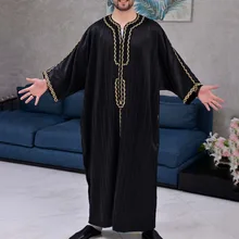 

Abaya Men's Muslim Clothing Islam Black Striped Print Robe Oversized Long Sleeves Loose African Traditional Shirts Man Plus Size