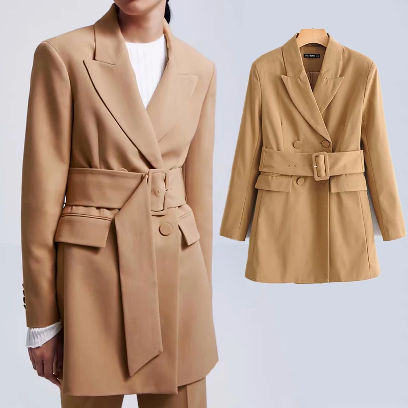 

za 2019 kahaki with blet blazer office wear nortched long sleeve single breasted pocket outwear female coat blazer feminino