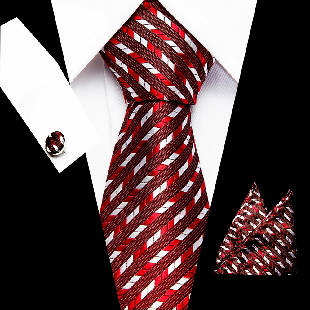 

2019 Fashion Red Striped Classsic Tie for Men Business Wedding Party Tie Set Handkerchief and Cufflinks Tie Set 100% Silk Tie