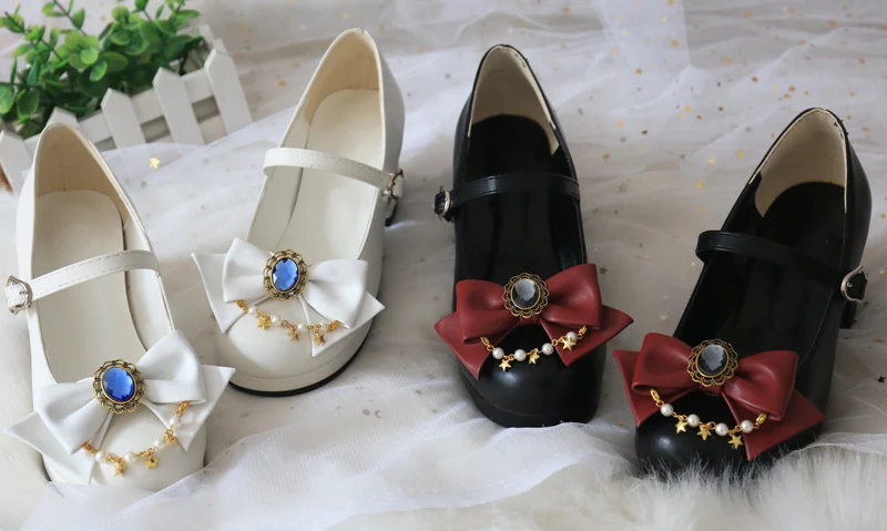 Японской принцессы повседневные милые туфли в стиле «Лолита» круглый носок обувь на толстом каблуке Женская обувь милый бант с жемчугом обувь Kawaii лоли для костюмированной вечеринки