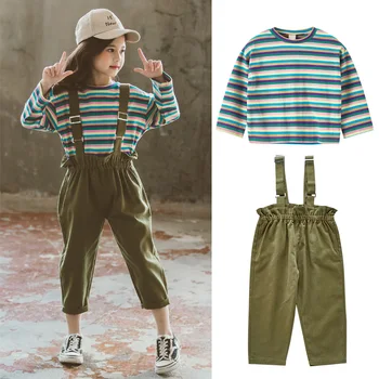 

Kids Clothes Set Girls Outfits Fall Spring Long Sleeve Stripe T-shirt+Overalls Pants Teen Girls Clothing for Girls 8 10 12 Years