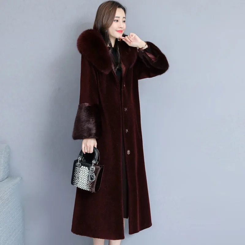 Женская куртка с воротником из искусственного лисьего меха Зимний модный длинный мнимый лисий мех пальто с капюшоном толстые теплые пальто женская верхняя одежда высокого качества