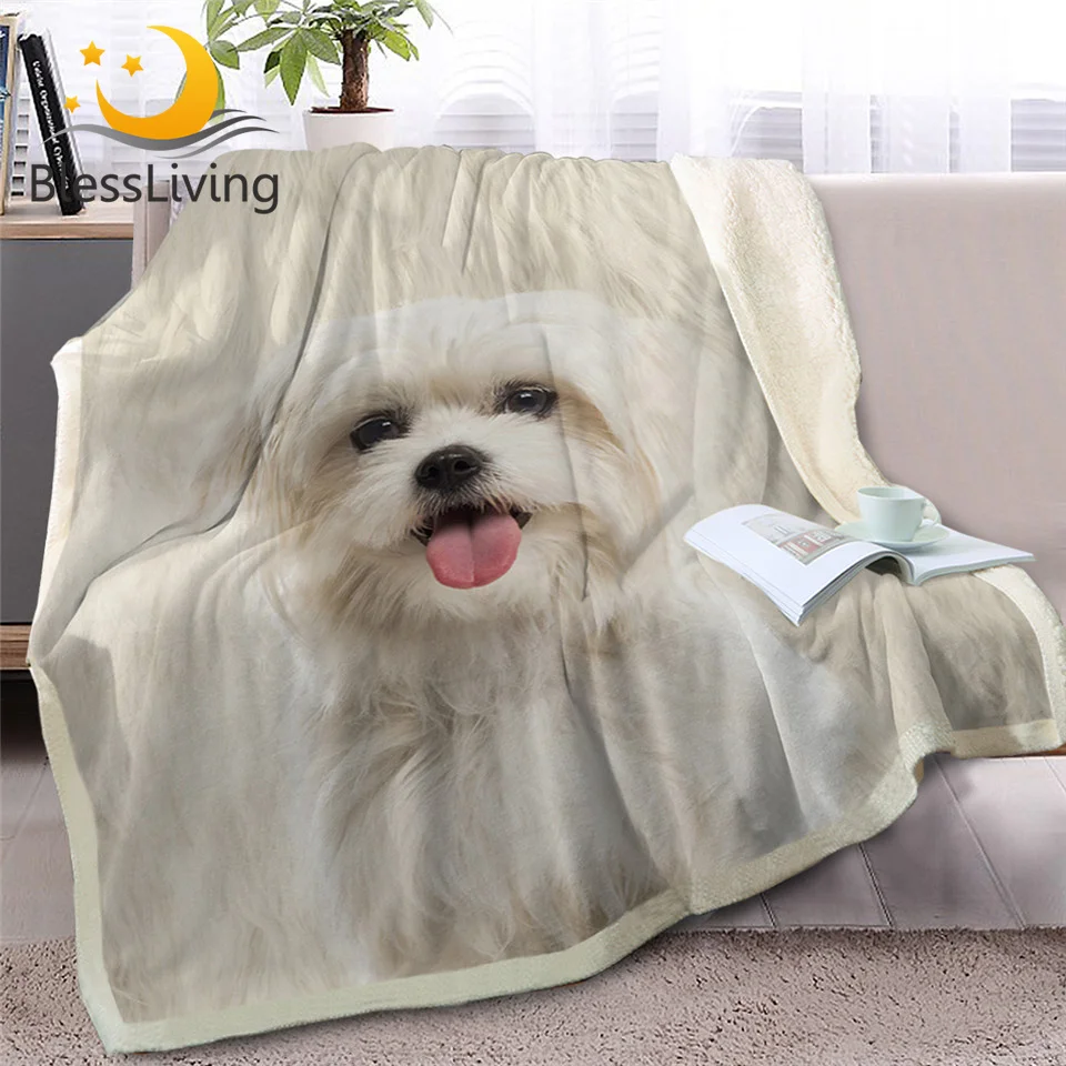 

BlessLiving White Dog Throw Blanket for Bed Sofa Fur Print Soft Sherpa Fleece Blanket 3D Animal Bedding Puppy Plush Thin Quilt