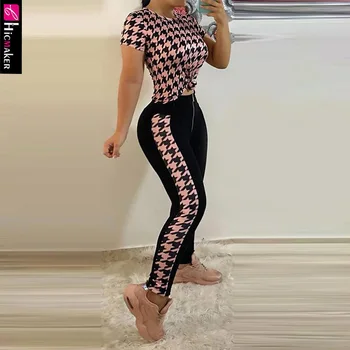 

Women Houndstooth Short Sleeve Top & High Waist Pants Sets