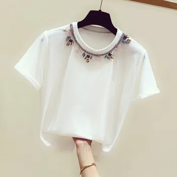 

White T Shirt Female T-shirt 2020 Summer New Diamond Round Neck Short Sleeve T-shirt Sequins Tshirt Girls Ladies Tops Tees Femme