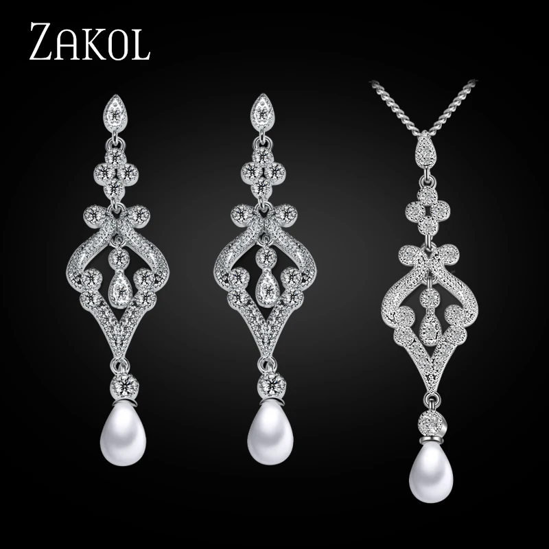ZAKOL модный белый цвет комплект ювелирных изделий имитация жемчуга капли воды амулеты женские ювелирные изделия для вечерние FSSP265