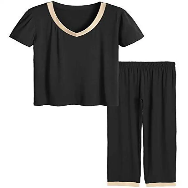 Sleep Set V-neck 2pcs Short Sleeve&pant Sleepwear Loose Nightwear Women Pajamas Suit Summer New Intimate Lingerie Home Clothing - Цвет: Черный