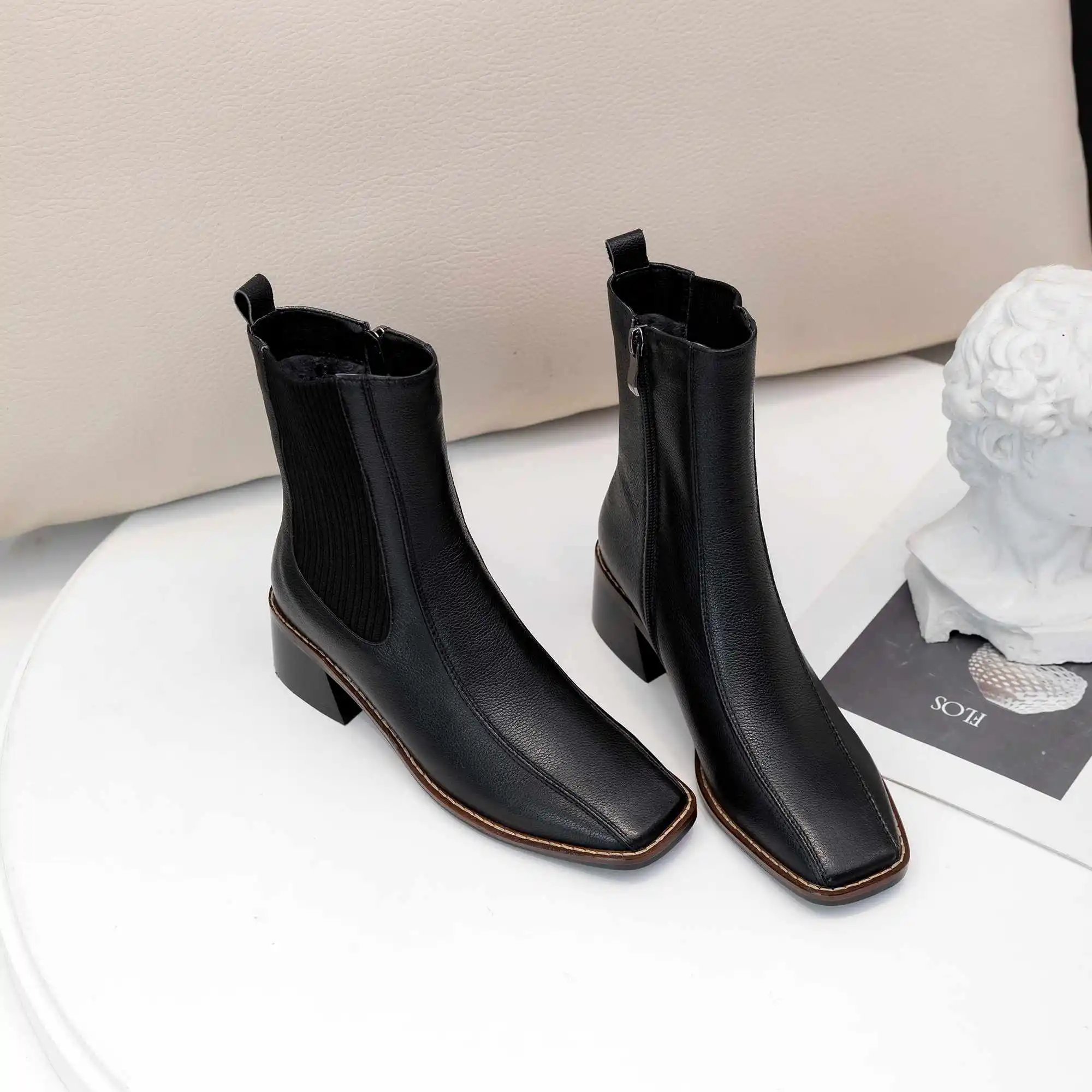 Krazing Pot/Новинка; ботинки «Челси» с квадратным носком из натуральной кожи в стиле пэчворк на высоком каблуке; женские зимние теплые классические ботинки до середины икры; L15