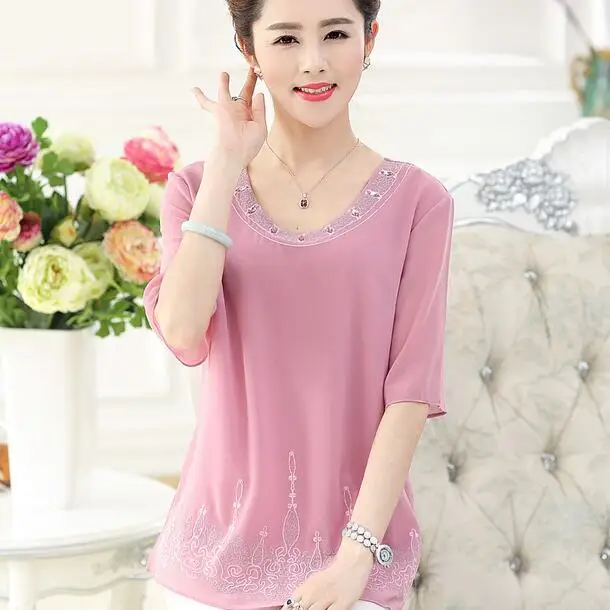 Summer Middle Age Women'S Chiffon Short Sleeved T-Shirt Plus Large Size Mother Embroidery Tops Lady Clothing Pullovers DW136