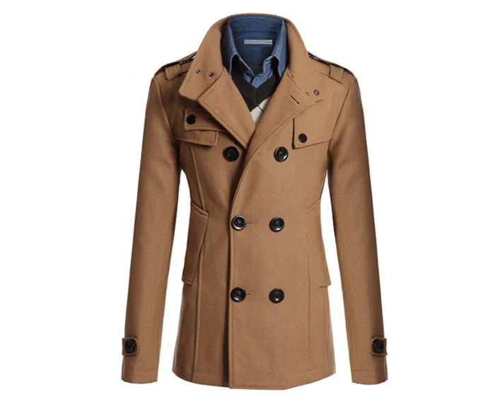 Мужской зимний теплый шерстяной зауженное пальто впору Повседневный однотонный воротник-стойка двубортный длинный рукав карман пальто