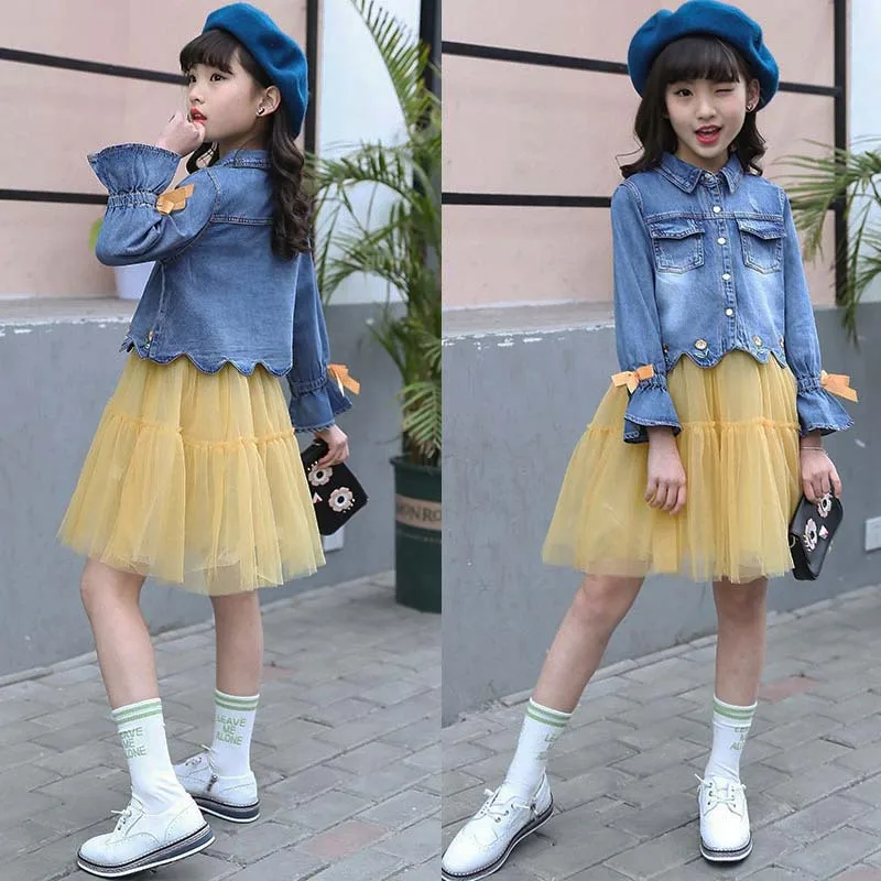 

2019 CHILDREN'S Suit Spring And Summer Autumn New Style Girls' Chiffon Skirt Big Virgin Girls Denim Suit-Style